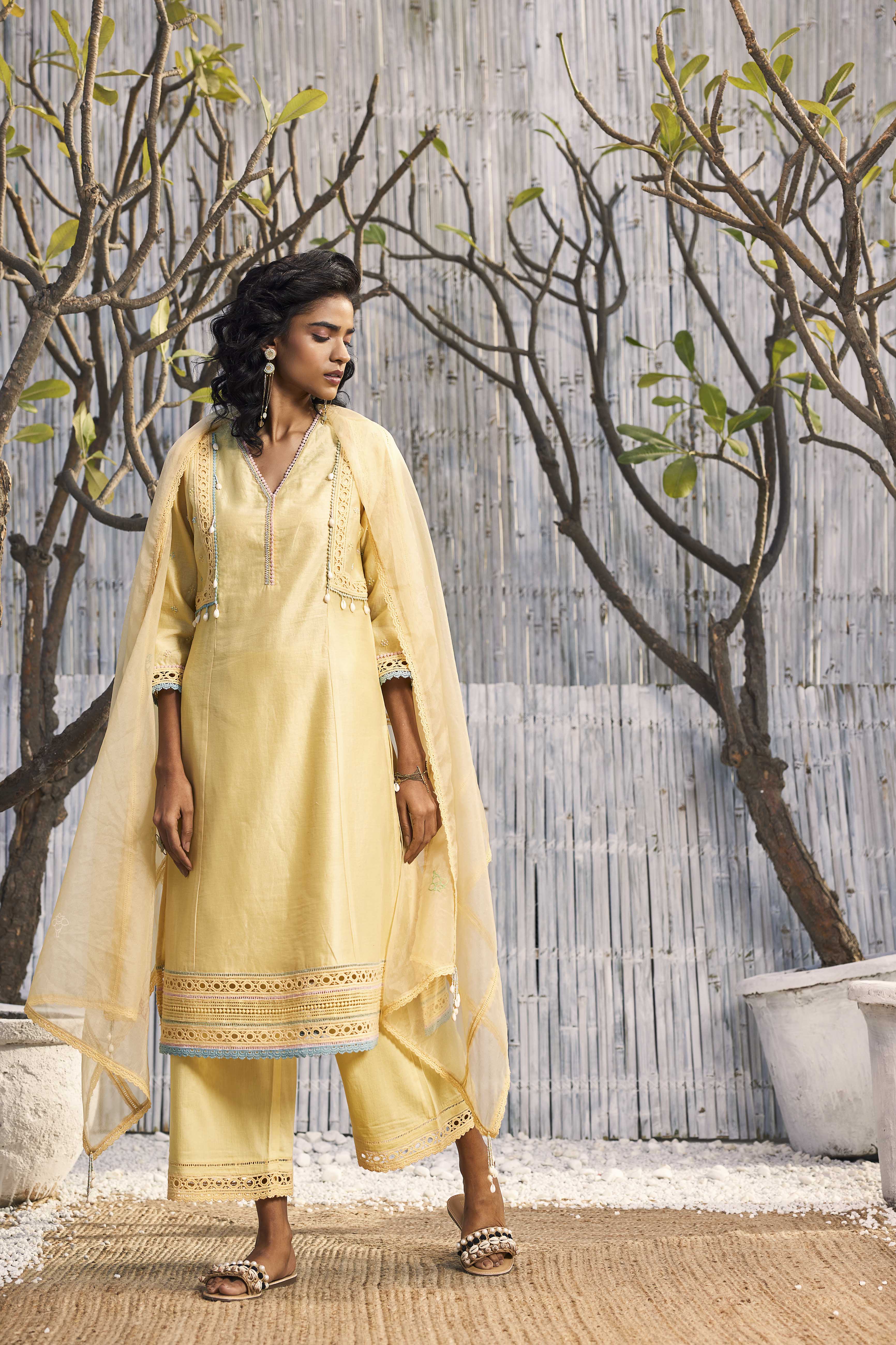 Yellow Printed Work Straight Kurta Palazzo & Dupatta Women Designers Salwar  Suit | eBay